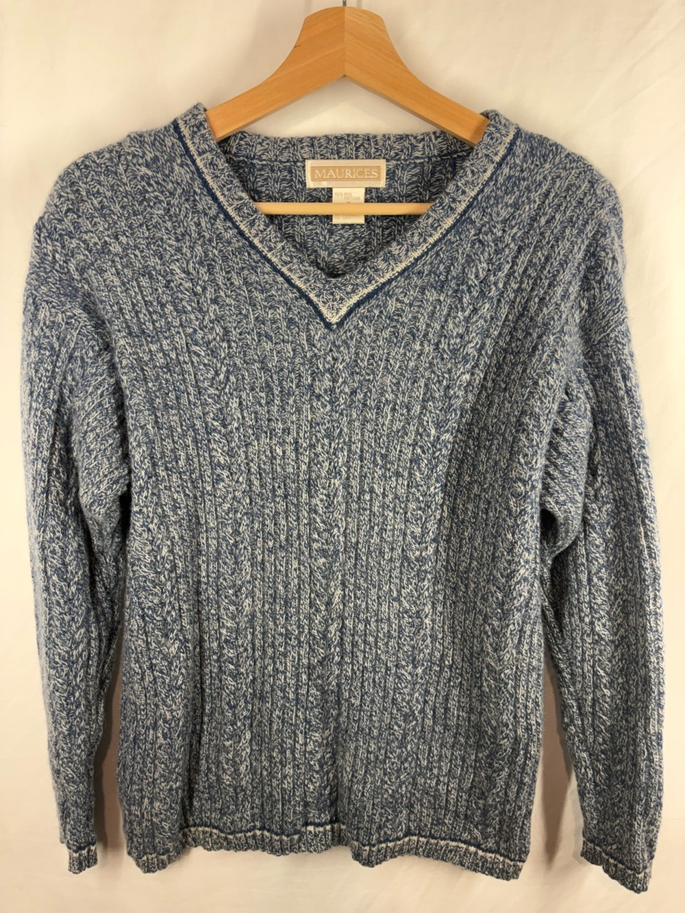Maurices 100% Wool Blue Marled Cable Knit V-Neck Sweater Size M